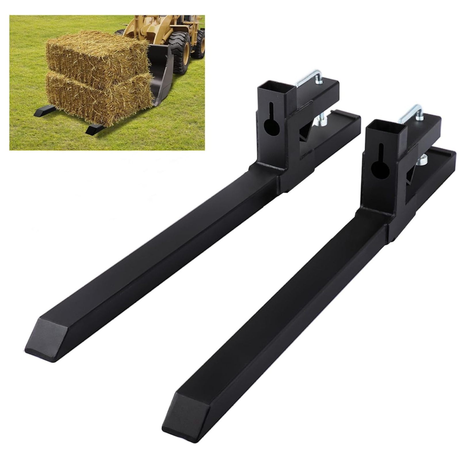 Jiowenm Pallet Forks, Tractor Forks, Clamp on Bucket Forks w/Adjustable Stabilizer Bar, Fork Loader Attachment for Skid Steer, Tractor Forks for Agriculture and Farm (2000lbs)